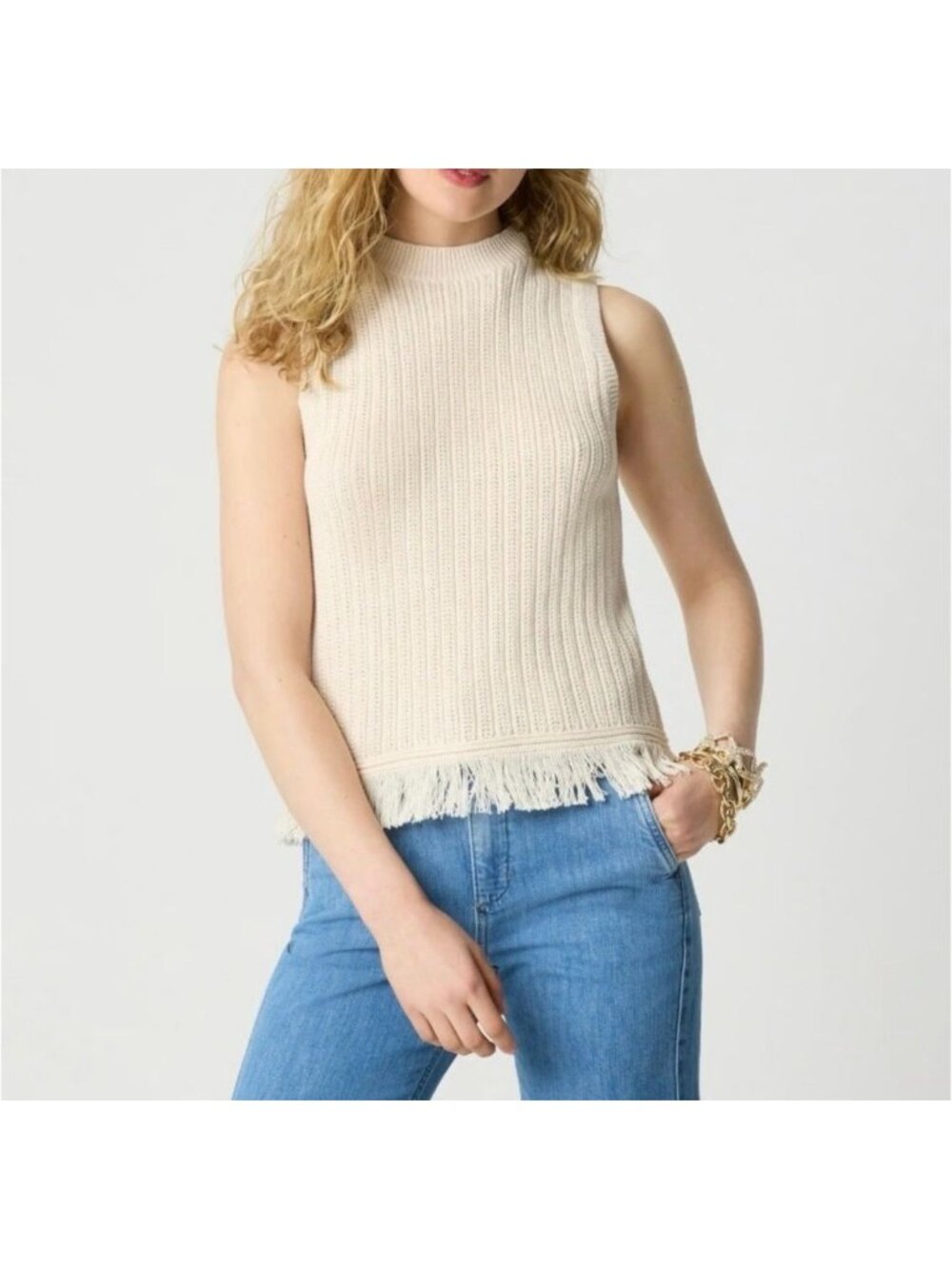 NWT J. Crew Tan Cream Fringe Sleeveless Sweater - Size: Small
